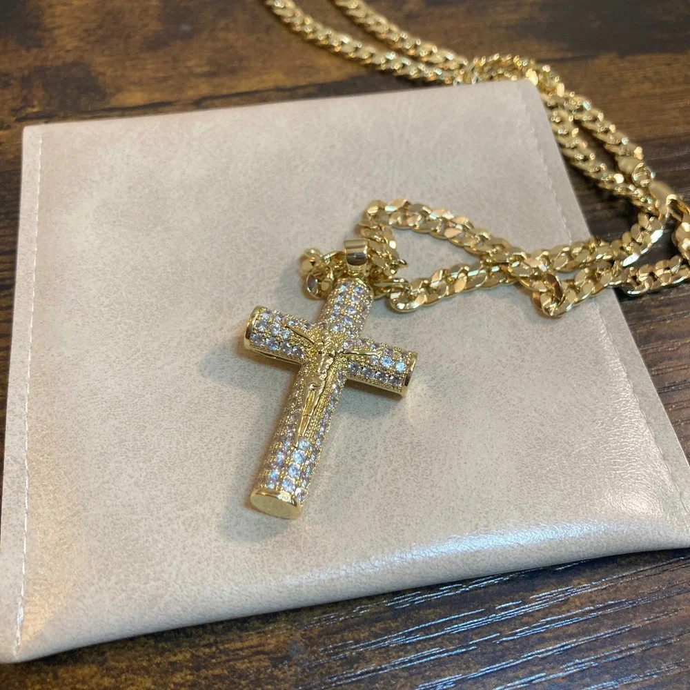 Gold Tone Iced Out Crucifix Cross Pendant Necklace Mens 23